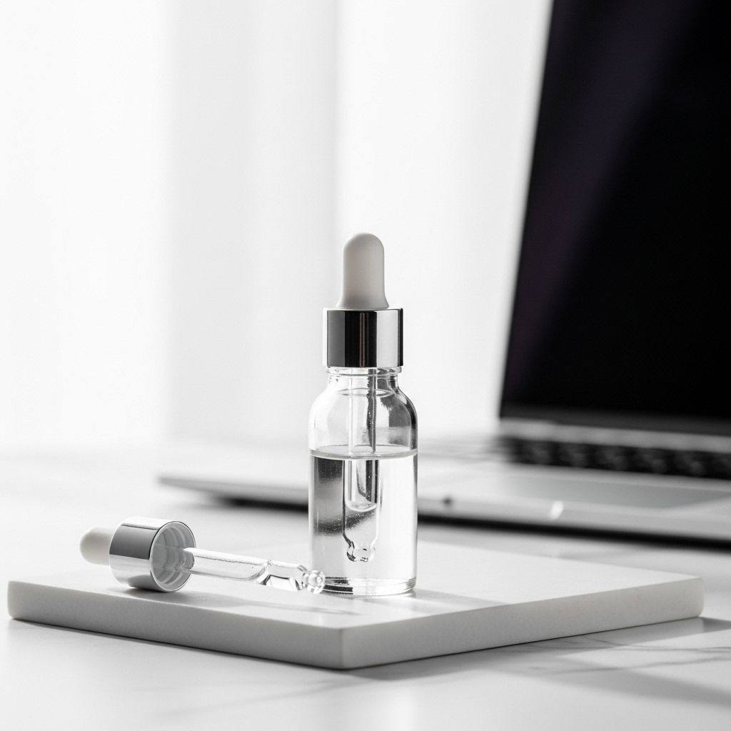 Small elegant dropper bottle with clear liquid on a minimalist white marble surface, with a soft-focus laptop in the background and gentle diffused light creating a calm atmosphere